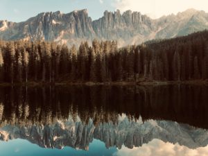Dolomites reflected in the Karersee, evening light Dolomites reflected in the Karersee, evening light